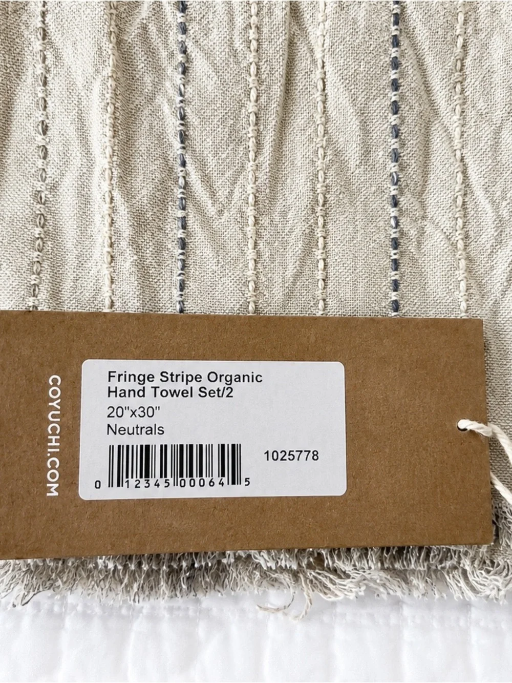 💛 NEW Coyuchi Fringe Stripe Organic Hand Towels Set of 2 20x30 Neutrals